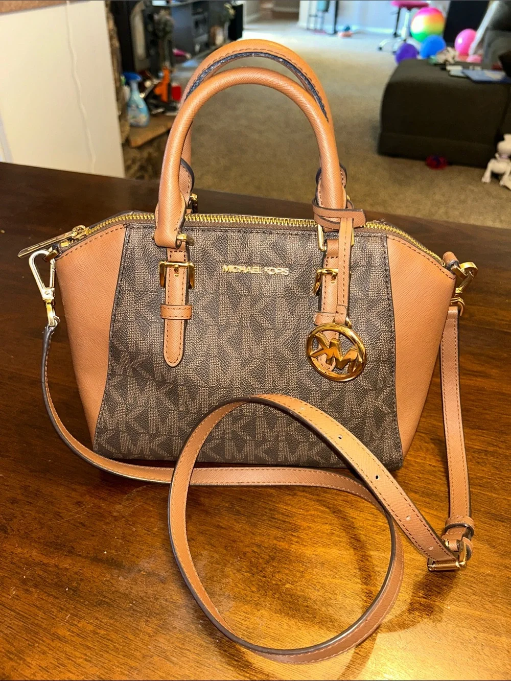 Michael Kors Brown MK Logo Satchel with Tan Accents